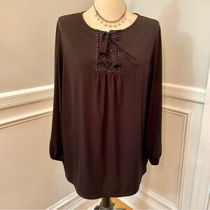 Susan Graver Women’s Tunic Top Liquid Knit 1X Black Shirt Boho Lace Tassel